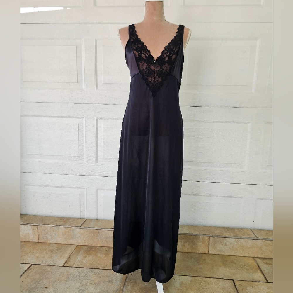 Vassarette Black Lace Slip Dress Vintage Sheer Nightgown Gothic Lingerie